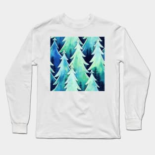 Watercolor Blue and White Christmas Trees Long Sleeve T-Shirt